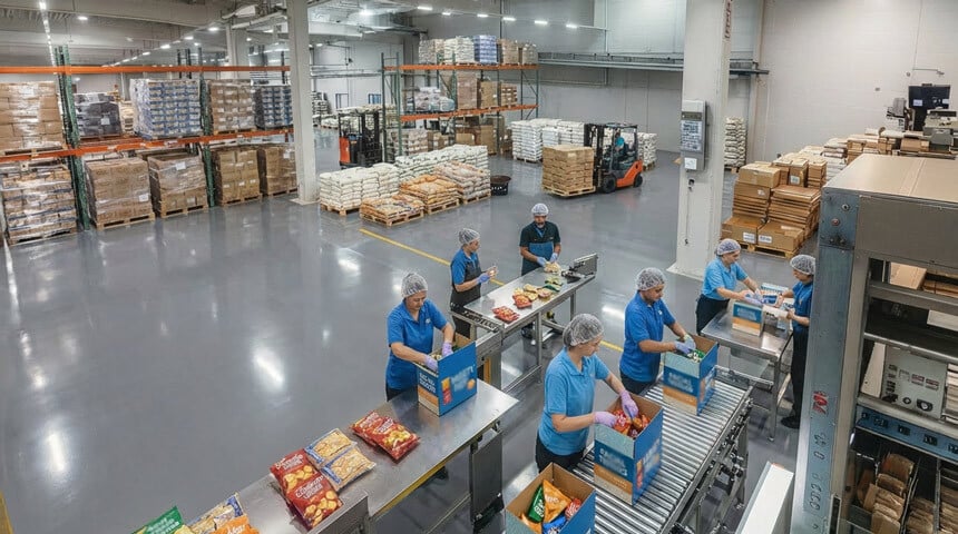 Contract packaging production floor showing multipack assembly and retail display staging