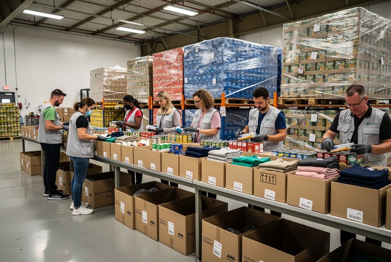 Warehouse assembly line with workers building charity care kits containing nonperishable goods and hygiene products