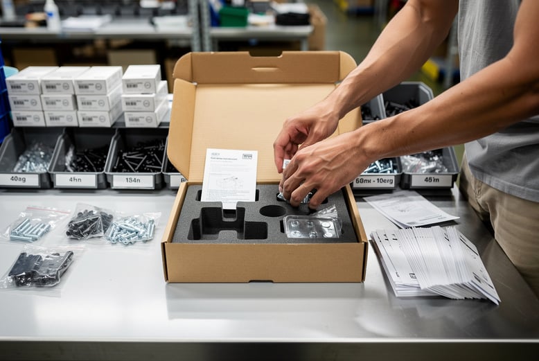 Close-up of a kitting workstation with hardware components being placed into a corrugated box with divider insert