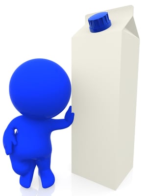 3D man with hand in milk carton isolated over a white white background