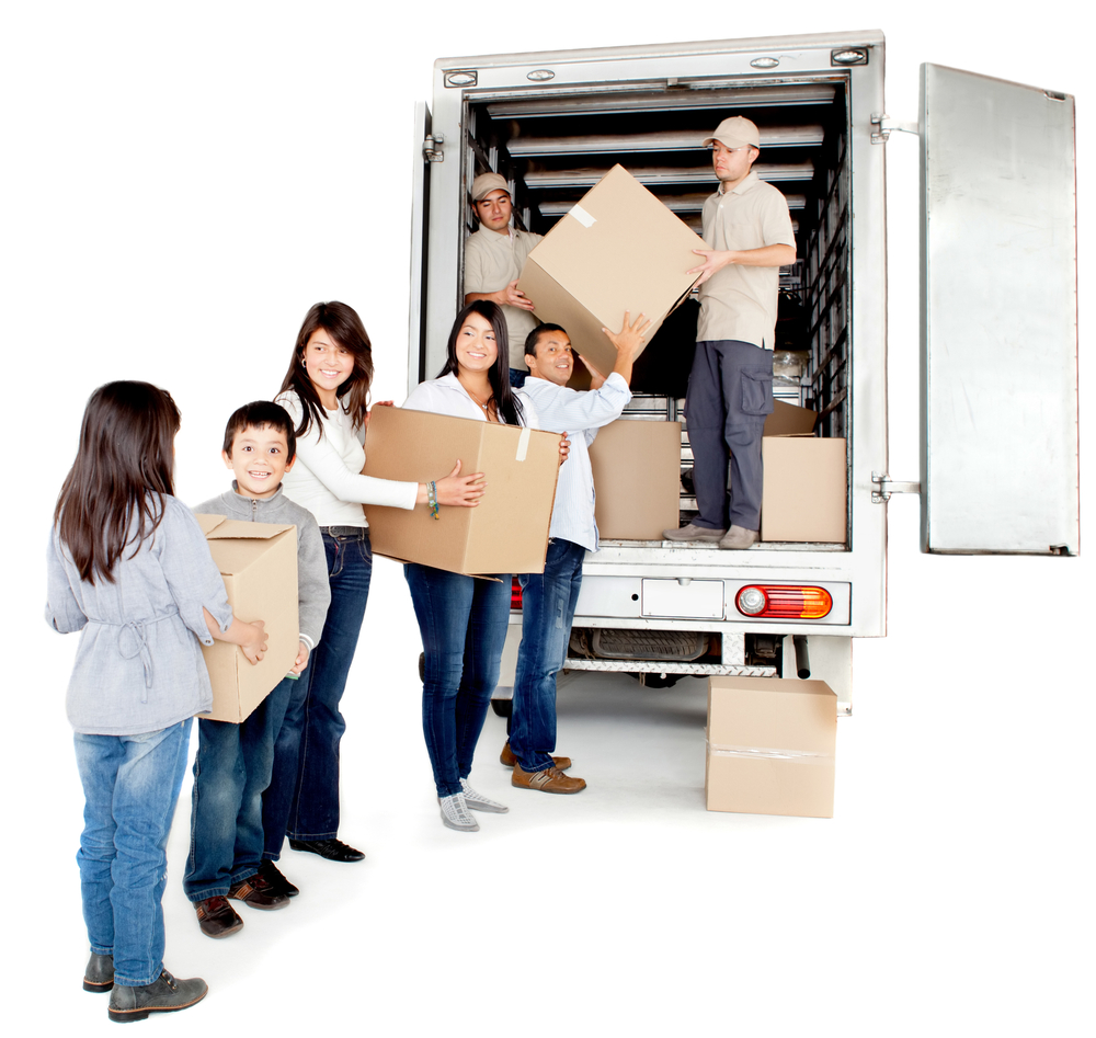 Family moving house taking boxes into a truck - isolated over a white background