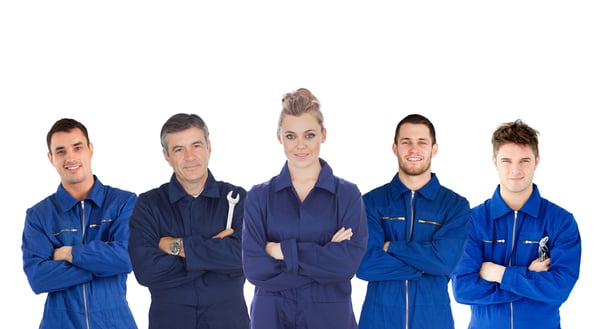 Mechanics in boiler suits portrait on white background