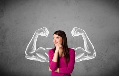 Pretty young woman with sketched strong and muscled arms