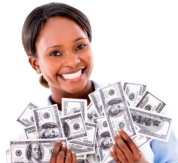 Rich business woman holding dollar bills - isolated over white