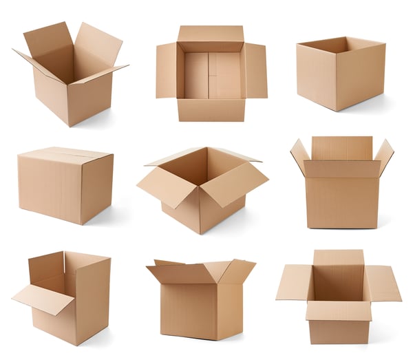 collection of various cardboard boxes on white background. each one is shot separately