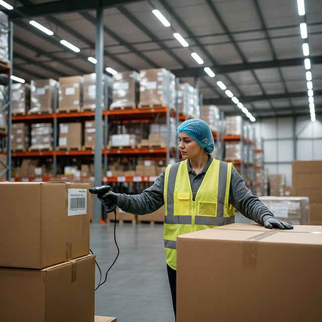 Contract packaging worker scanning barcode on case for lot traceability verification