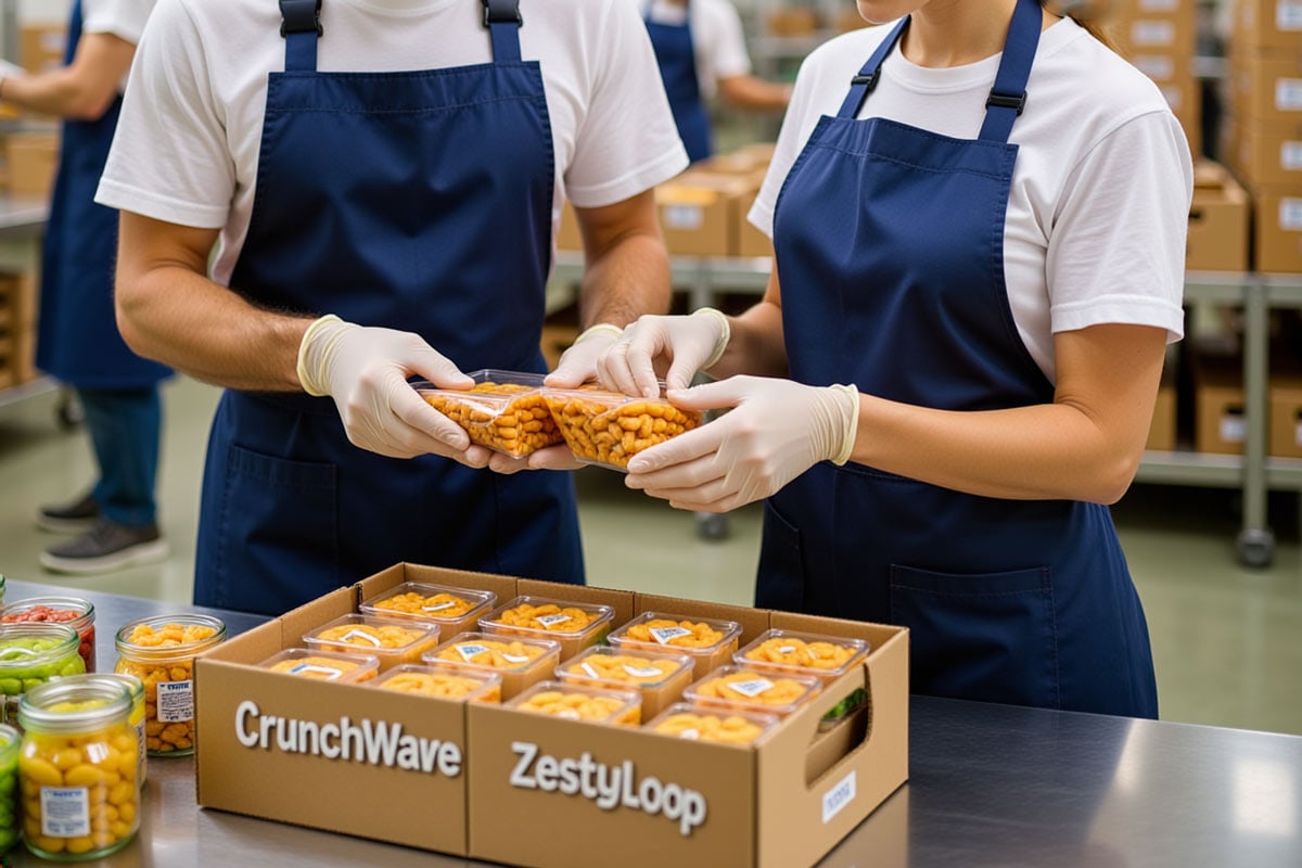 Workers in blue aprons and food-safe gloves hand-assembling snack products into retail display packaging at a contract packaging facility