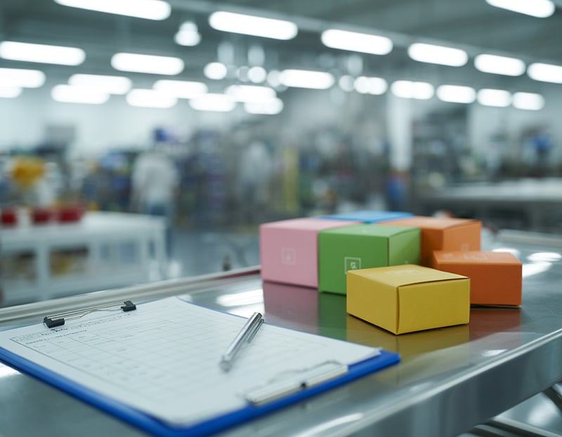 Quality control inspection table with product boxes in a contract packaging facility