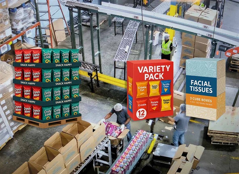 Kitting line assembling mixed-SKU snack variety packs with individual chip bags and overwrap film