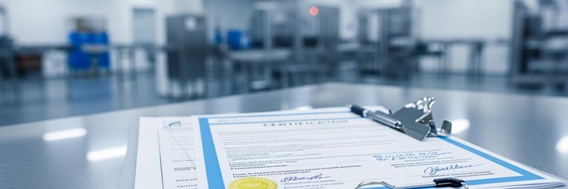 QA technician reviewing first article inspection form on a contract packaging production line with multipack products