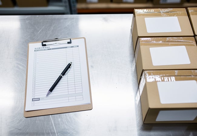 Quality assurance inspector reviewing documentation during contract packaging production