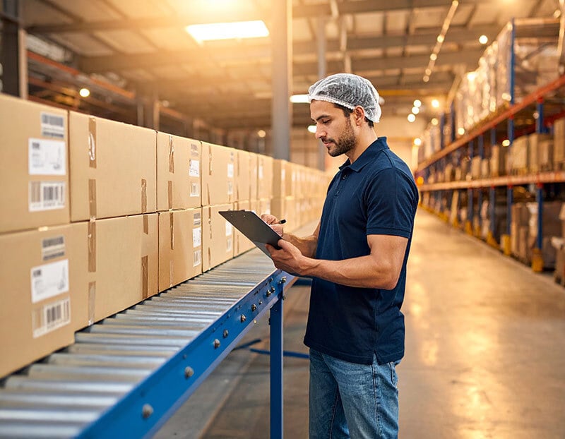 Worker in a contract packaging facility checking lot code documentation on a clipboard next to cases on a conveyor line