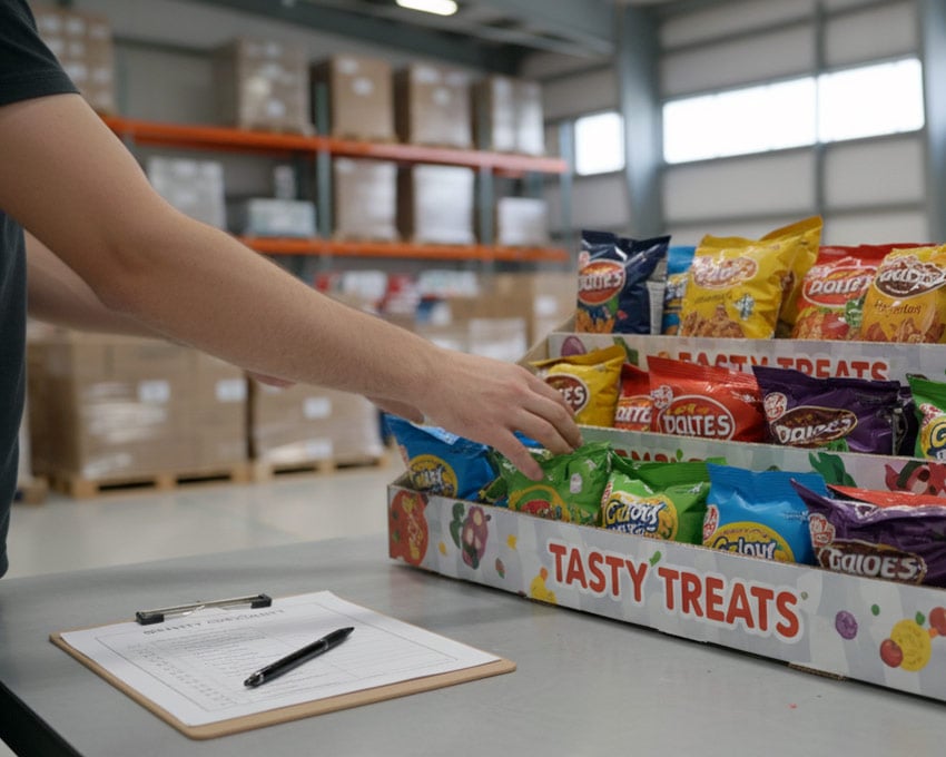 Worker loading products into retail display with quality checklist nearby