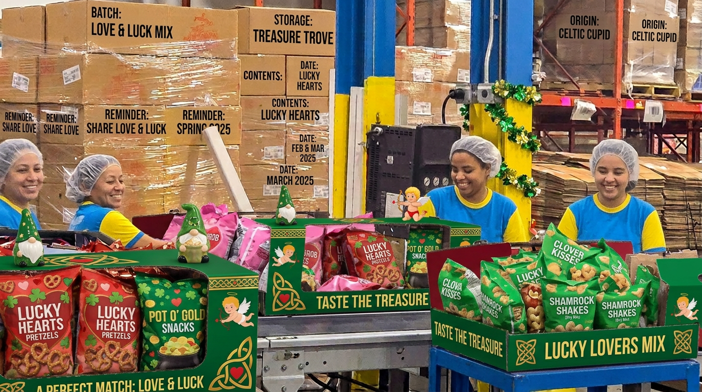 Industrial Packaging team members in hairnets packing Valentine's and St. Patrick's Day snack bags into green shamrock-themed retail displays