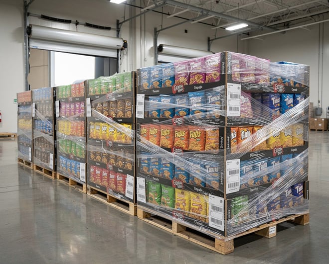 Shrink-wrapped POP displays on pallets ready for shipment to retail stores