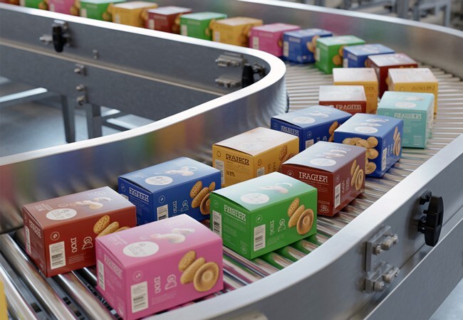 Cross-trained production team members working together on shrink wrap line, multiple employees collaborating on multipack assembly
