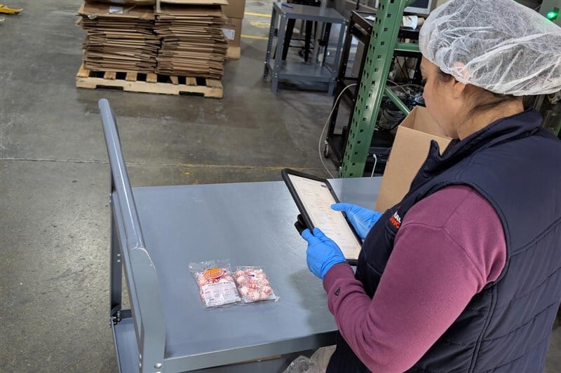 Quality inspection of club pack display with team member reviewing packaging specifications and materials