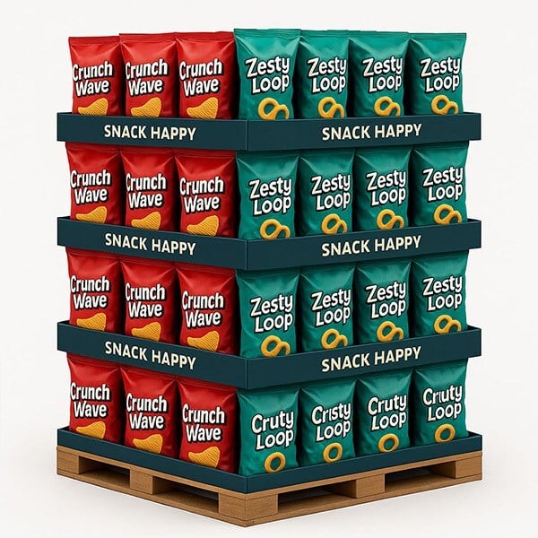 Worker loading corrugated retail display shipper onto pallet
