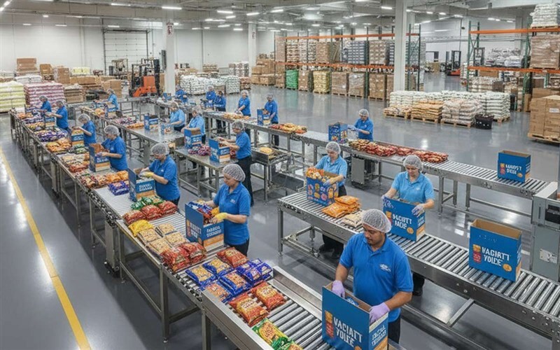 Wide production floor view showing seasonal display assembly with corrugated shippers and confectionery products being loaded into retail-ready configurations